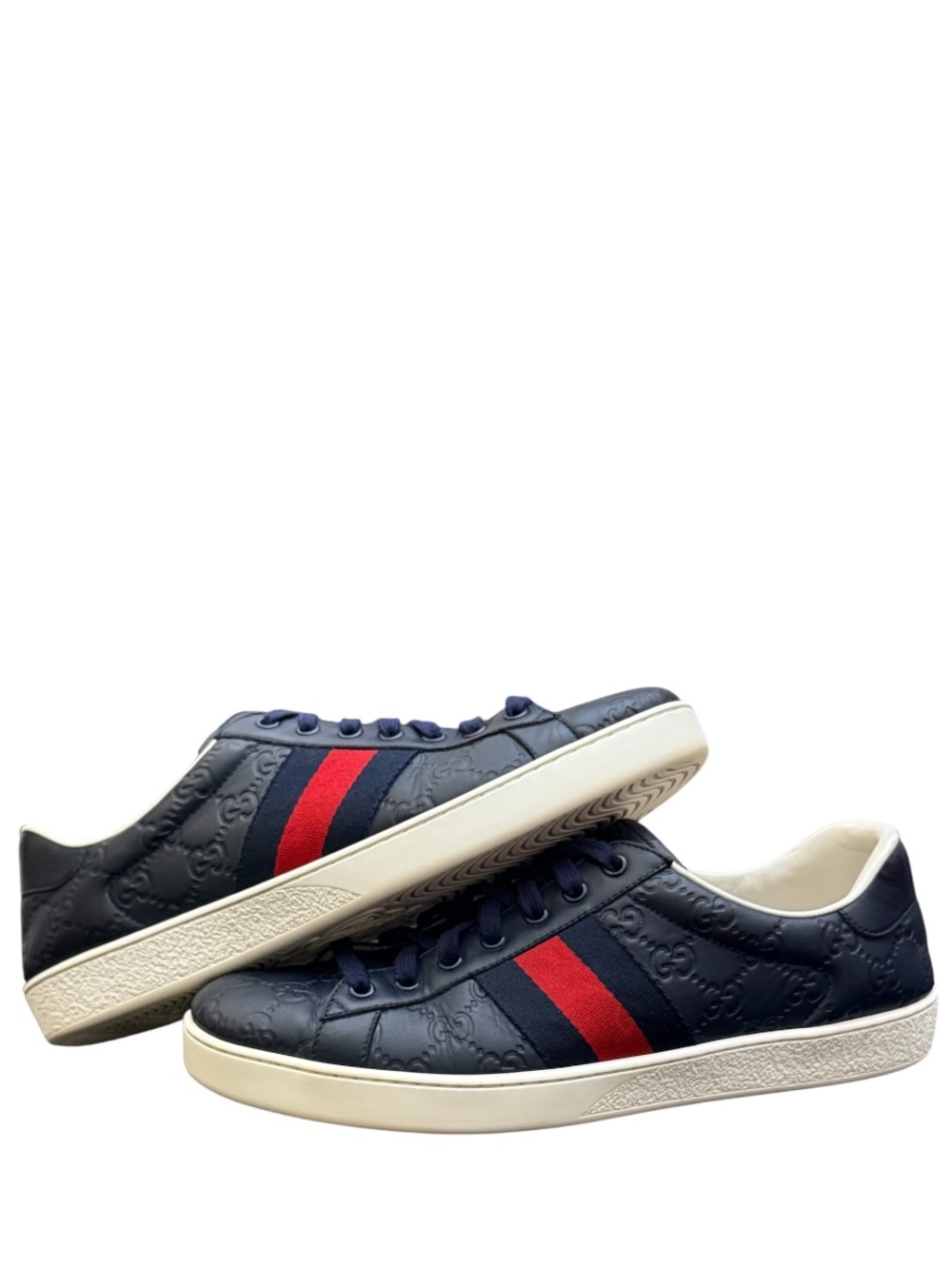 GUCCI - NAVY BLUE ALL LEATHER EMBOSSED MONOGRAM “ACE GG SUPREME” SNEAKERS